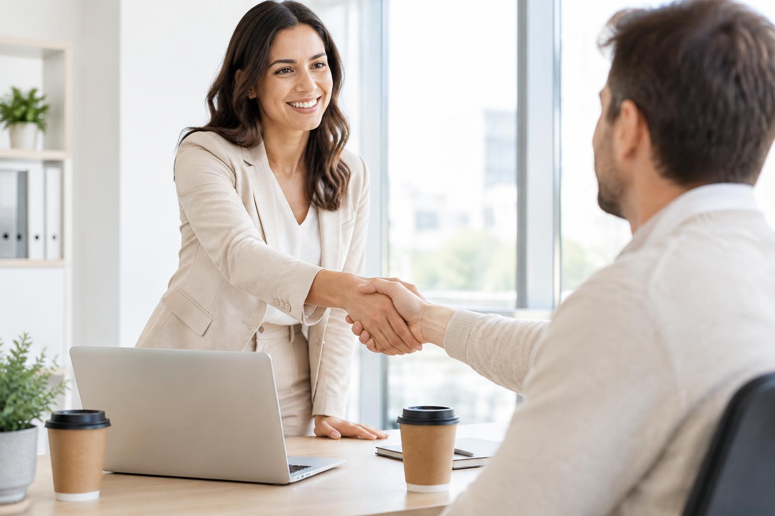 Two business professionals shaking hands across an office desk with a laptop and coffee cups